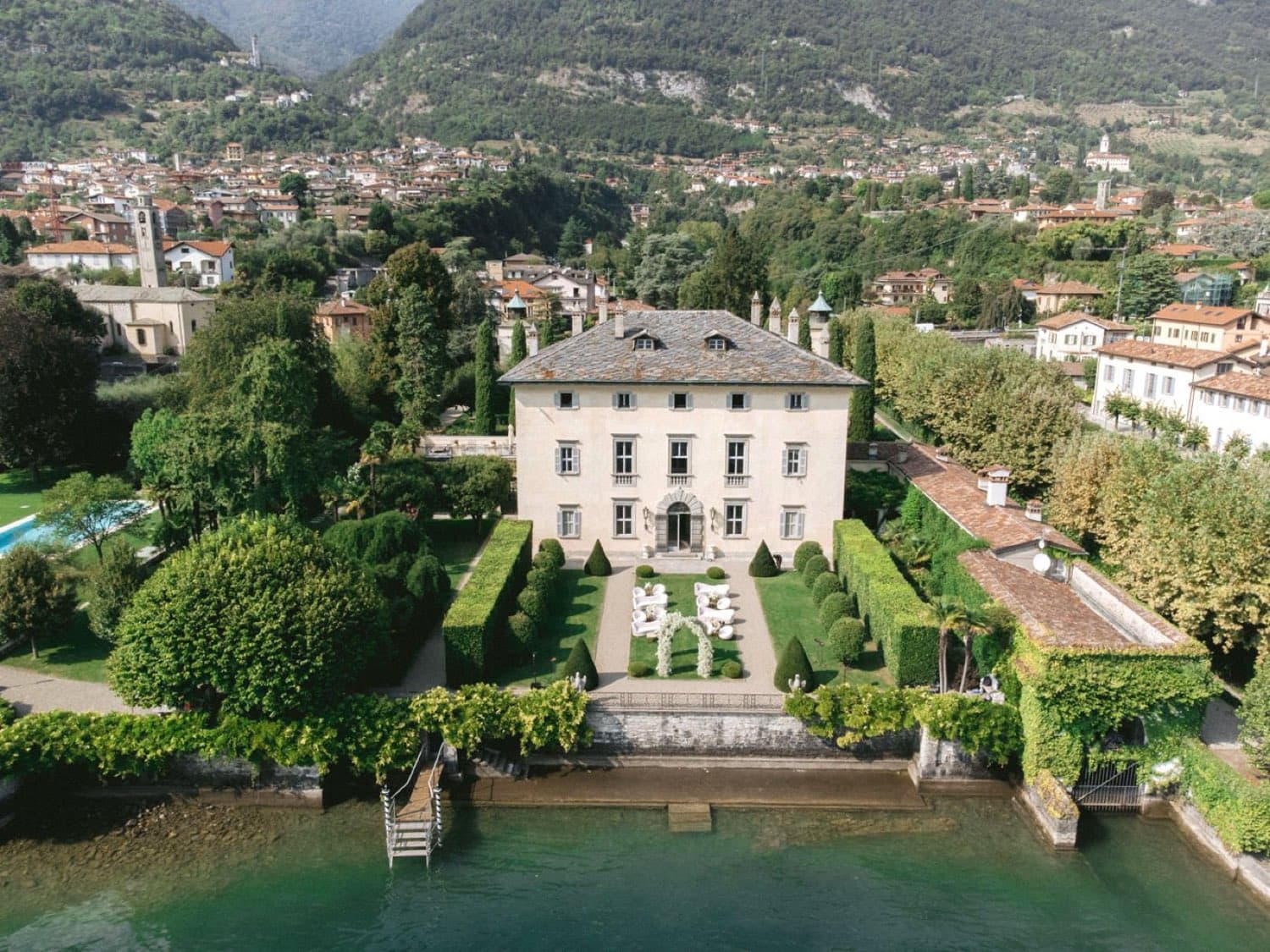 Villa Balbiano — aerial view of the palazzo, its Italian garden and private landing on the lake · Lake Como, Italy