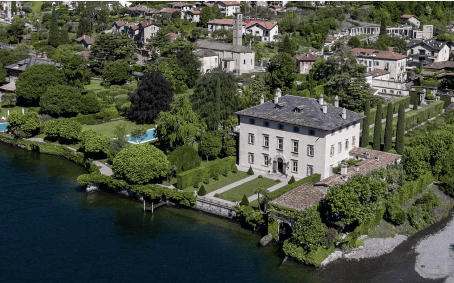 Villa Balbiano — aerial view of the palazzo and its lakefront grounds · Lake Como, Italy