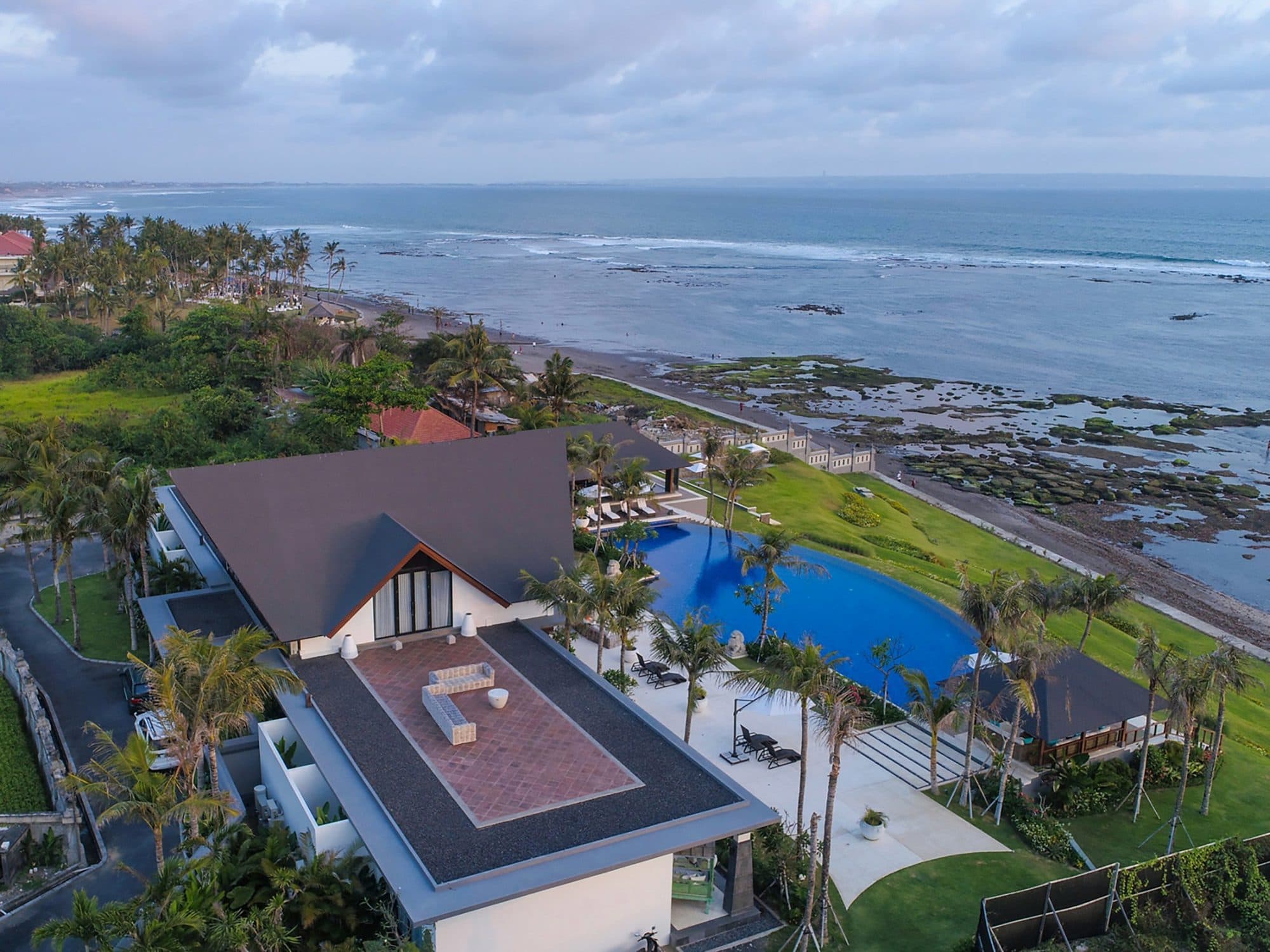 Tirtha Bayu Estate — aerial view of the estate by the sea · Seseh, Indonesia